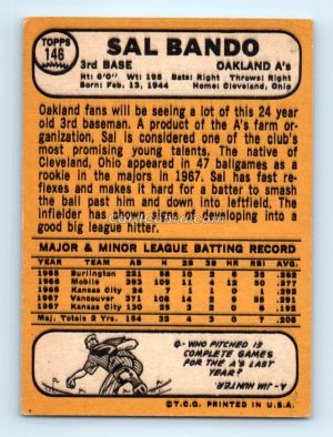 1968 Topps #146 Sal Bando Oakland Athletics