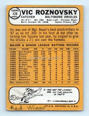 1968 Topps #428 Vic Roznovsky Baltimore Orioles