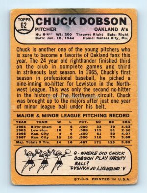 1968 Topps #62 Chuck Dobson Oakland Athletics