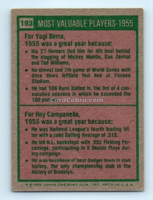 1975 Topps #193 Yogi Berra/Roy Campanella New York Yankees/Brooklyn Dodgers