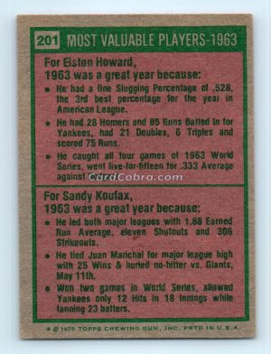 1975 Topps #201 Elston Howard/Sandy Koufax New York Yankees/Los Angeles Dodgers