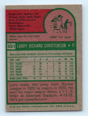 1975 Topps #551 Larry Christenson Philadelphia Phillies