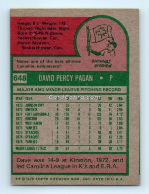 1975 Topps #648 Dave Pagan New York Yankees Rookie Card