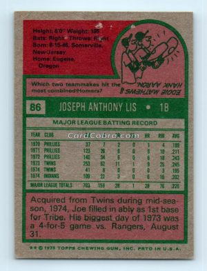 1975 Topps #86 Joe Lis Cleveland Indians