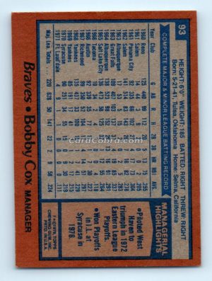 1978 Topps #93 Bobby Cox Atlanta Braves