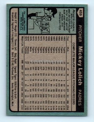 1980 Topps #459 Mickey Lolich San Diego Padres