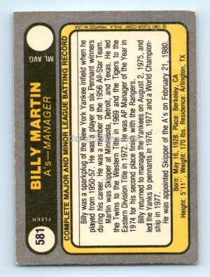 1981 Fleer #581 Billy Martin Oakland Athletics