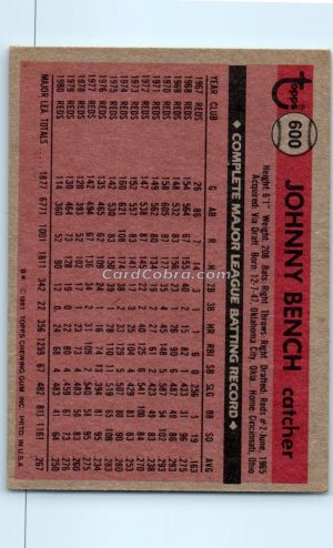 1981 Topps #600 Johnny Bench Cincinnati Reds