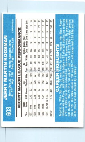 1982 Donruss #603 Jerry Koosman Chicago White Sox