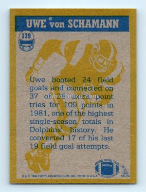 1982 Topps #139 Uwe Von Schamann Miami Dolphins