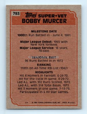 1983 Topps #783 Bobby Murcer New York Yankees