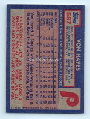 1984 Topps #587 Von Hayes Philadelphia Phillies