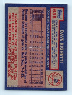 1984 Topps #635 Dave Righetti New York Yankees