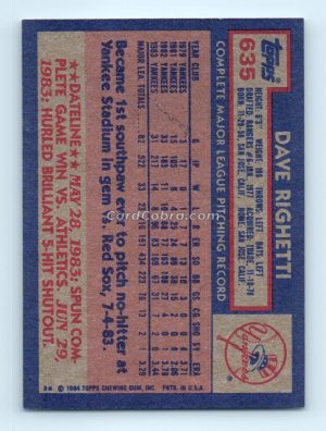 1984 Topps #635 Dave Righetti New York Yankees