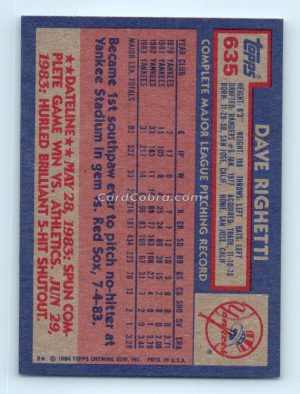 1984 Topps #635 Dave Righetti New York Yankees