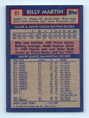 1984 Topps #81 Billy Martin New York Yankees