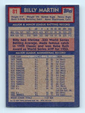 1984 Topps #81 Billy Martin New York Yankees