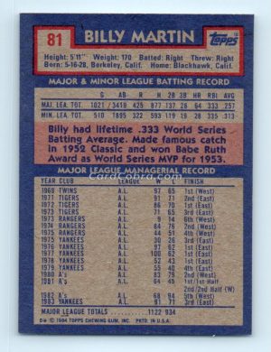 1984 Topps #81 Billy Martin New York Yankees