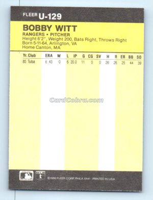 1986 Fleer Update #U-129 Bobby Witt Texas Rangers