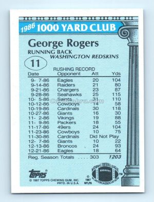 1987 Topps 1000 Yard Club #11 George Rogers Washington Redskins