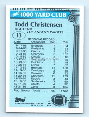 1987 Topps 1000 Yard Club #13 Todd Christensen Los Angeles Raiders