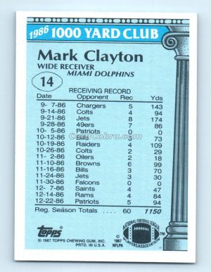 1987 Topps 1000 Yard Club #14 Mark Clayton Miami Dolphins