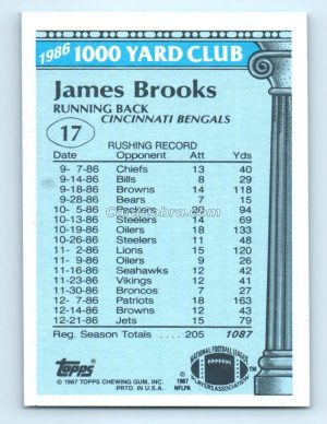 1987 Topps 1000 Yard Club #17 James Brooks Cincinnati Bengals