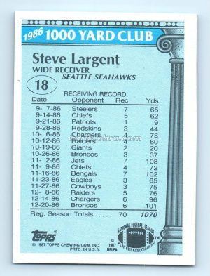 1987 Topps 1000 Yard Club #18 Steve Largent Seattle Seahawks