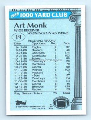 1987 Topps 1000 Yard Club #19 Art Monk Washington Redskins