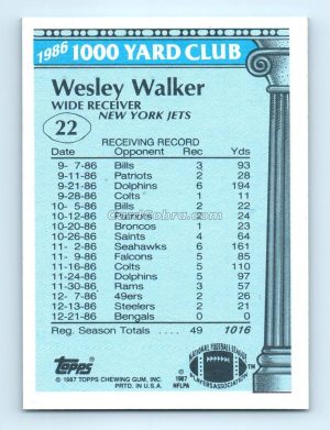 1987 Topps 1000 Yard Club #22 Wesley Walker New York Jets