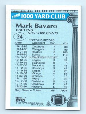 1987 Topps 1000 Yard Club #24 Mark Bavaro New York Giants