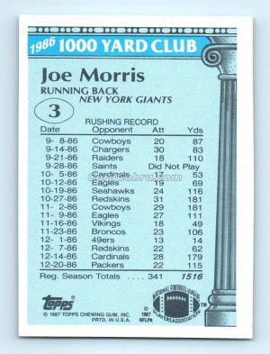 1987 Topps 1000 Yard Club #3 Joe Morris New York Giants