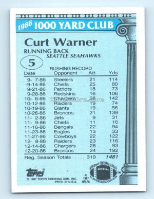 1987 Topps 1000 Yard Club #5 Curt Warner Seattle Seahawks