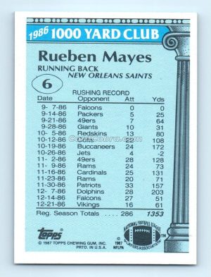 1987 Topps 1000 Yard Club #6 Rueben Mayes New Orleans Saints