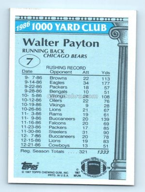 1987 Topps 1000 Yard Club #7 Walter Payton Chicago Bears