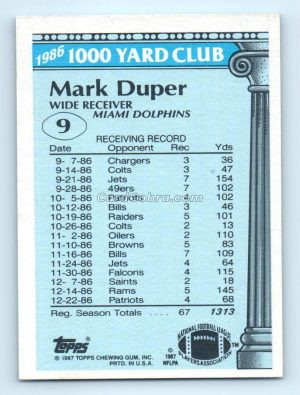 1987 Topps 1000 Yard Club #9 Mark Duper Miami Dolphins