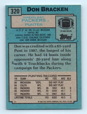 1988 Topps #320 Don Bracken Green Bay Packers Rookie Card