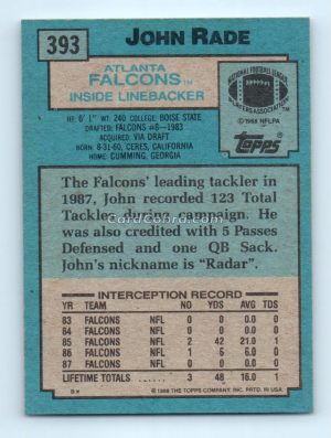 1988 Topps #393 John Rade Atlanta Falcons Rookie Card