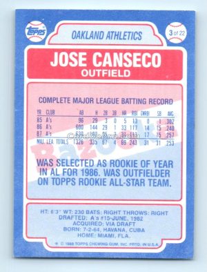 1988 Topps Bazooka #3 Jose Canseco Oakland Athletics