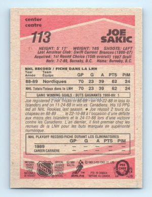 1989 O-Pee-Chee #113 Joe Sakic Quebec Nordiques Rookie Card