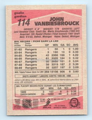 1989 O-Pee-Chee #114 John Vanbiesbrouck New York Rangers