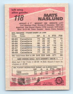 1989 O-Pee-Chee #118 Mats Naslund Montreal Canadiens