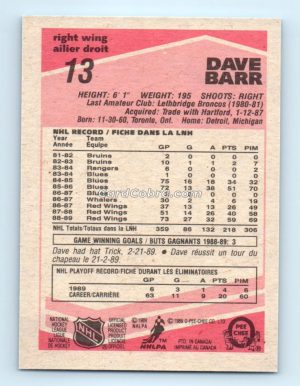 1989 O-Pee-Chee #13 Dave Barr Detroit Red Wings