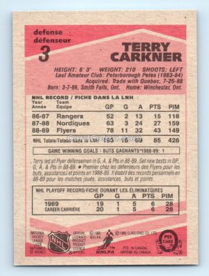 1989 O-Pee-Chee #3 Terry Carkner Philadelphia Flyers Rookie Card