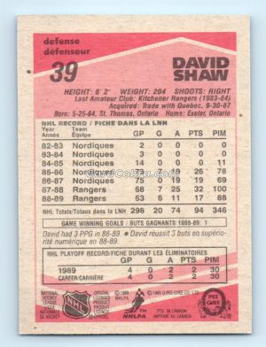 1989 O-Pee-Chee #39 David Shaw New York Rangers