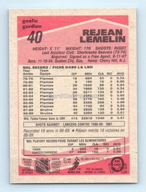 1989 O-Pee-Chee #40 Rejean Lemelin Boston Bruins