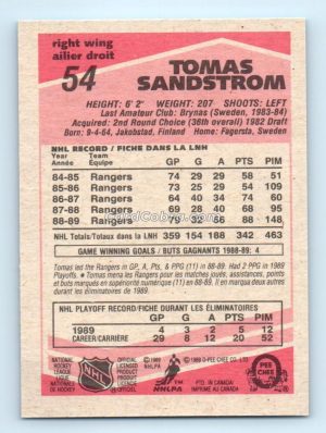 1989 O-Pee-Chee #54 Tomas Sandstrom New York Rangers