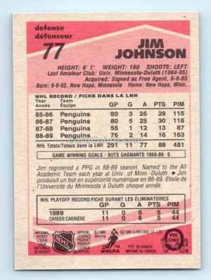 1989 O-Pee-Chee #77 Jim Johnson Pittsburgh Penguins