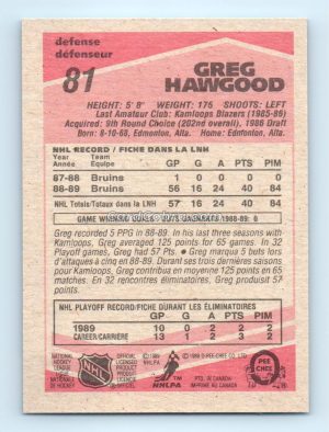 1989 O-Pee-Chee #81 Greg Hawgood Boston Bruins Rookie Card