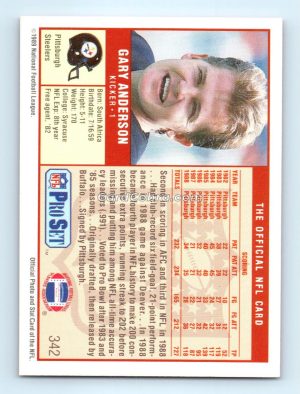 1989 Pro Set #342 Gary Anderson Pittsburgh Steelers